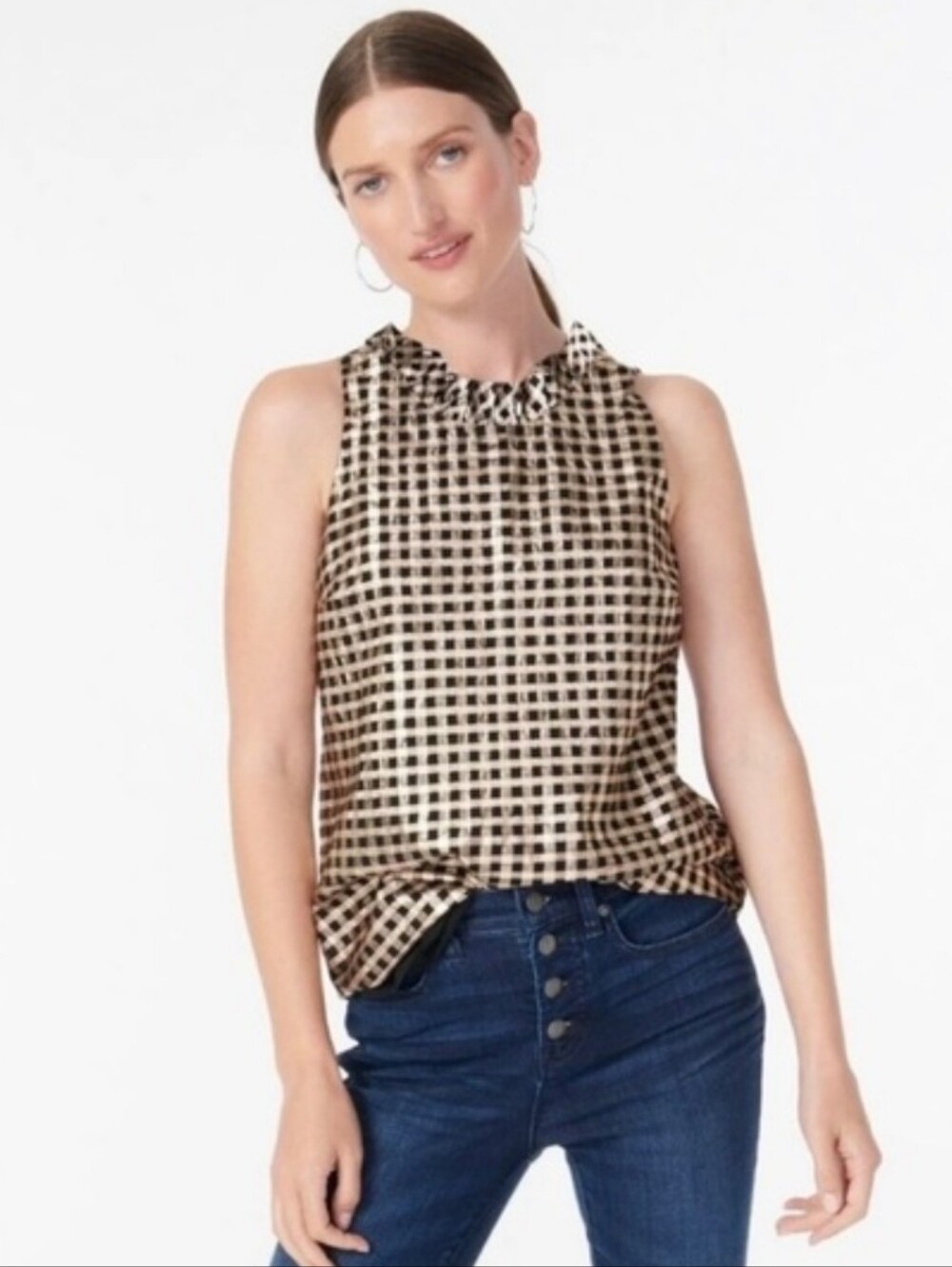 J Crew Ruffleneck Sleeveless Top Lurex Crinkle Gingham Gold Metallic Size Large